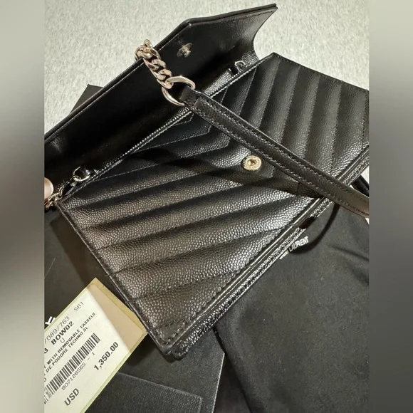 Saint Laurent Cassandre Black Quilted Envelope Leather Chain Wallet Purse - Picture 8 of 11
